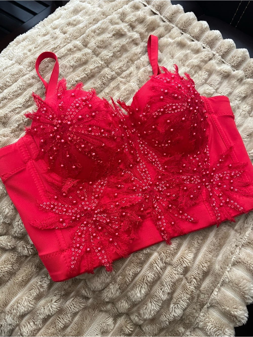 Red Embellished Lace Bustier Crop Top S